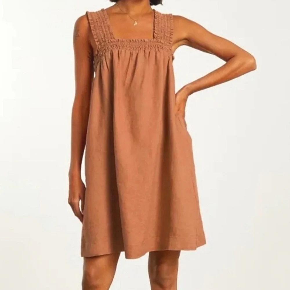 Everlane The Smocked Linen Dress Tawny Tan Brown Oversized Pockets Size … - Picture 3 of 12